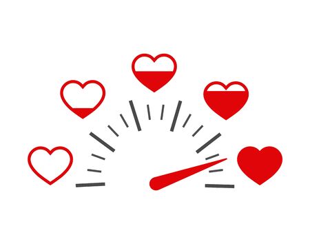 Love heart indicator.Full heart of love with speedometer icon. Love meter of Valentine's day in flat style.Measuring indicator of red hearts. vector eps10のイラスト素材