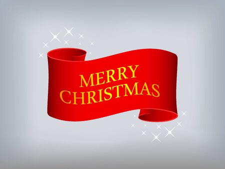 Red scroll Merry Christmas for winter greeting card. Ribbon for new year of happy holiday. Celebration banner of Merry Christmas. Curved scroll for greeting poster to new year. vector illustrationのイラスト素材