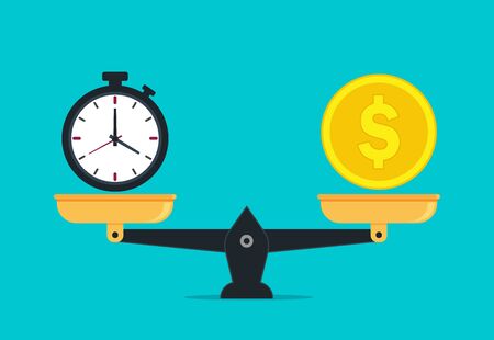 Scale balance of time is money. Value money comparison and time in flat style. Money and time balance on measure scale. Compare weight of clock and money for success business concept. vector eps10のイラスト素材