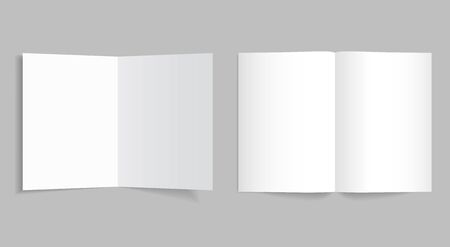 Mockup bi-fold brochure or booklet. White bifold paper cover of flyer for print with shadow. Template leaflet page format of a4, a3, a5. vector eps10のイラスト素材