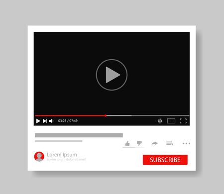 Frame video player interface. Design mockup video channel pc. Tube window template with subscribe for web, media app.Player screen with navigation icon. Modern layout tube interface.のイラスト素材