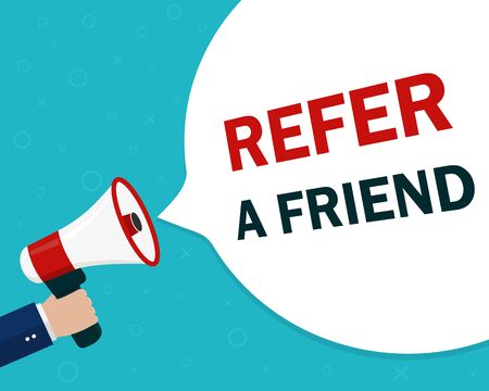 Refer friend loudspeaker poster.Referral program with hand, megaphone for suggestion, recommend banner.Refer friend illustration for advertising customer. Attention speech of referral program. vectorのイラスト素材