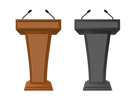 Podium rostrum with microphone for debate, speech, press conference, dispute, audience. Podium tribune with empty place for speaker, lecture.Isolated stage stand for debateのイラスト素材