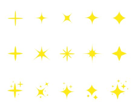 Flat yellow sparkle star.Gold twinkle stars cartoon style.Set of light firework, glow effect, bright bursts.Sparkle star with flash. Flat decoration twinkle on isolated background. vector illustrationのイラスト素材
