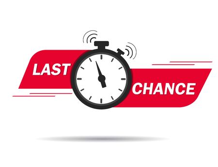 Red ribbon with clock and last chance seal. Sale banner with countdown alarm clock for retail, shop, social media, advertising.のイラスト素材
