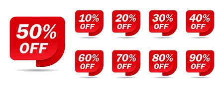 Discount sale off tag, 50, 20, 10, 40, 30, 60, 70, 80, 90 percent.Set sale offer emblem, badge price discount number. Flat offer stamp, sticker clearance sale.Finance product emblem.のイラスト素材