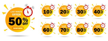 Discount last minute offer tag, 50, 20, 10, 40, 30, 60, 70, 80, 90 percent.Set sale off time emblem, badge price discount number. Flat offer stamp, sticker clearance sale.Last minute discount.のイラスト素材