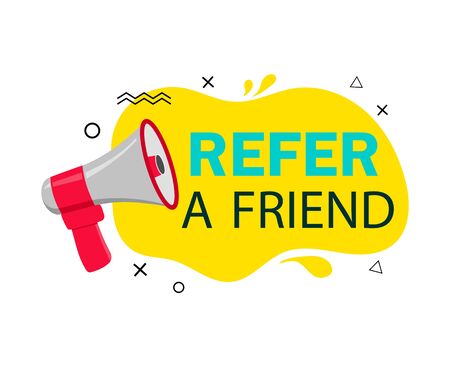 Refer friend loudspeaker badge.Referral program sticker, megaphone for suggestion, recommend label. Refer friend illustration for advertising. Organic poster of referral program.vector isolated iconのイラスト素材