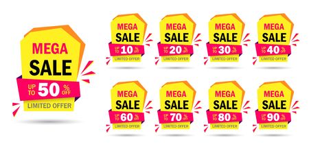 Discount mega sale offer tag 50, 20, 10, 40, 30, 60, 70, 80, 90 percent.Set banner super offer emblem, badge price deal discount number. Flat offer stamp, sticker, label clearance sale.のイラスト素材