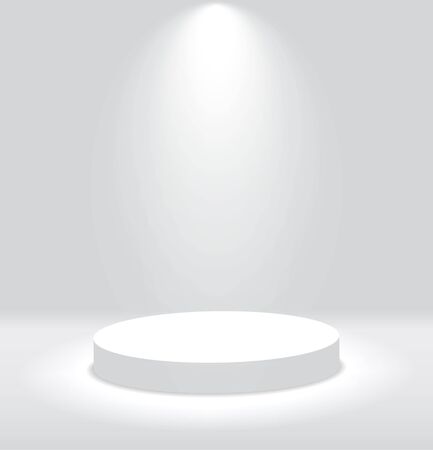 White 3d round podium with light and lamp. Winner stand with spotlights. Empty pedestal platform for award. Podium, stage pedestal or platform illuminated by light on isolated background.のイラスト素材