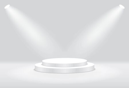 White 3d round podium with light and lamp. Winner stand with spotlights. Empty pedestal platform for award. Podium, stage pedestal or platform illuminated by light on isolated background.のイラスト素材