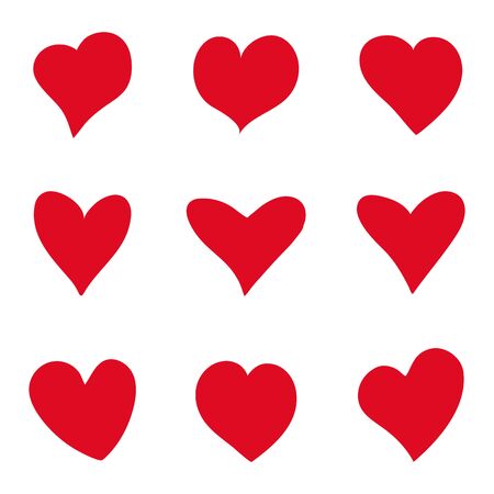 Heart sketch icons set. Cartoon doodle red shape of heart. Collection of flat hearts for greeting paper, Valentine's day card, poster, wedding. Symbol of love. Creative art, hand drawn style. vectorのイラスト素材