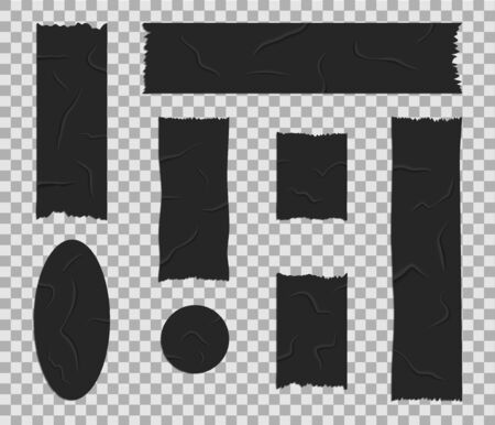 Adhesive black tape or scotch. Torn piece of sticky duct. Edge sellotape for packaging. Realistic sticky tape on transparent background. Adhesive bandage with wrinkle. vector illustration eps10のイラスト素材