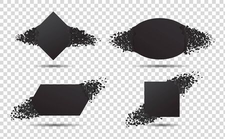 Black banner with explosion particles. Concept of broken card with debris. 3d burst effect. Square and circle shape explode isolated. Set destruction banners for sale. Template tag. vector backgroundのイラスト素材