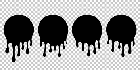 Dripping paint silhouette. Current liquid stains. Dripping spots of sauce, milk, blood, ink, oil, chocolate. Current blob round shape with drops. Melted circle shape icon. Liquid drips dessert. vectorのイラスト素材