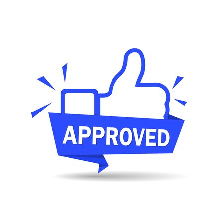 Approved icon. Blue label accepted with thumb up. Sticker, ribbon thumb up on isolated background. Badge tested and validated. Approve label in flat style. isolated vector illustration eps10のイラスト素材