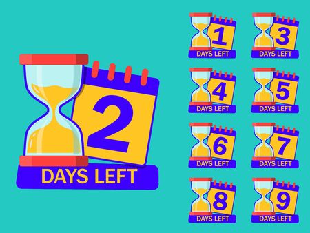 Countdown timer days with hourglass and calendar. 1, 2, 3, 4, 5, 6, 7, days left for sale. Count down time icon with number. Glass clock, timer of limited sale for retail. design isolated vector eps10のイラスト素材