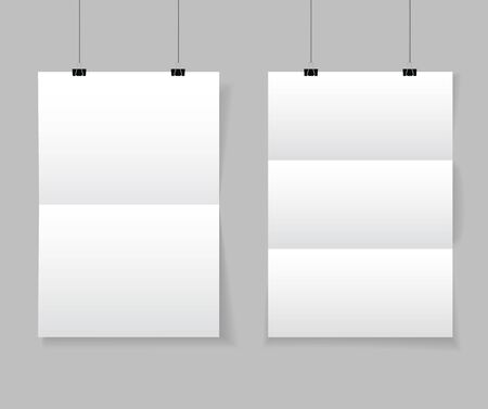 Realistic white blank paper format A4 in mockup style. Empty blank paper sheets hanging on binder clips. Poster hanging on a rope with clips on transparent background. vector illustrationのイラスト素材
