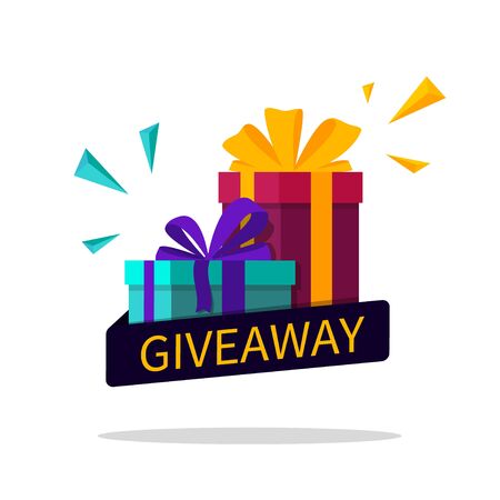 Giveaway winner flyer. Gift box with ribbon for contest win. Gift for announcement of win poster. Competition banner and give away text for media post, story. Quiz design template. vector illustrationのイラスト素材