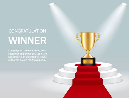 Round podium with trophy cup and spotlight for winner. Realistic pedestal with gold trophy, lights, red carpet for congratulation. Winner competition on scene on blue background. Vector illustrationのイラスト素材