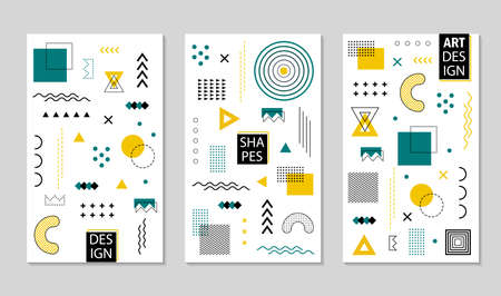 Design geometric poster with abstract memphis shapes. Geometric pattern texture with lines, grid,...