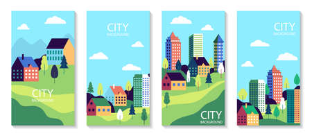 Town landscape set poster. Urban industry cards. Simple flat city with buildings, street and trees. Set of banner with nature countryside. Cityscape backgrounds for social media. vector illustrationのイラスト素材