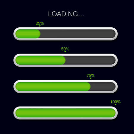 Loading progress bar. Green download icon. Glossy completion bar for ui. Scale download of time. Progress load status for website page on isolated background. Digital vector illustrationのイラスト素材