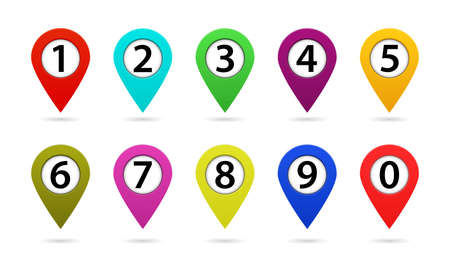 Map marker with number. Pointer icon for gps on road. Color position pin sign for direction in travel. Green, orange, red button arrow for communication. Set of route pointer on map. Isolated vectorのイラスト素材