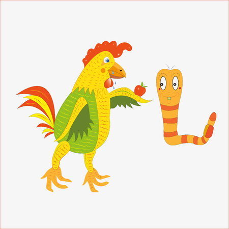 The cock feeds a worm with an apple. Illustration.Vector.のイラスト素材