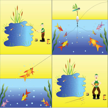 The fisherman fishing on lake.Illustration.Vector.のイラスト素材