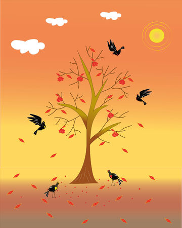 Graceful tree about which the birds are fed.Vector.  Illustration.のイラスト素材
