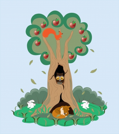 Apple-tree and its animals のイラスト素材