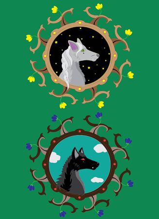 Gray she-wolf and Black wolf.  Illustration. vector.のイラスト素材