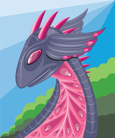 Lilac dragon the dreamer against the background of the sky and treesのイラスト素材