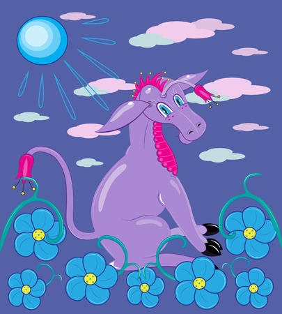 Donkey of violet color among flowersのイラスト素材