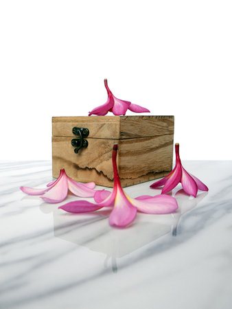 Tropical pink flower and wooden box isolated on whiteの写真素材