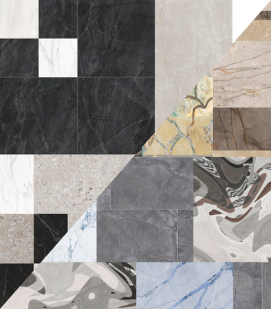 Beautiful patchwork pattern. Mixed of stones, concrete and marbles with floral geometric decoration. Wallpaper, textile or digital use.の写真素材