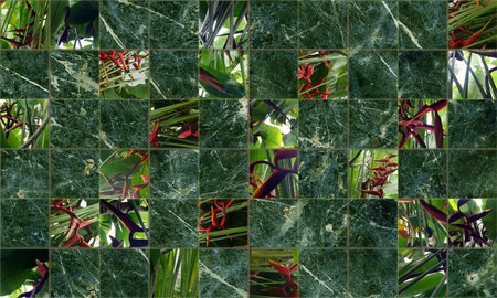 Patchwork mixed of stones or marble with tropical leaves and flowers.の写真素材