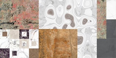 Beautiful patchwork pattern. Mixed of stones, concrete and marbles with floral geometric decoration. Wallpaper, textile or digital use.の写真素材