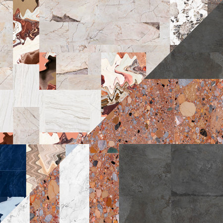 Beautiful patchwork pattern. Mixed of stones, concrete and marbles with floral geometric decoration. Wallpaper, textile or digital use.の写真素材
