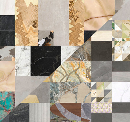 Beautiful patchwork pattern. Mixed of stones, concrete and marbles with floral geometric decoration. Wallpaper, textile or digital use.の写真素材