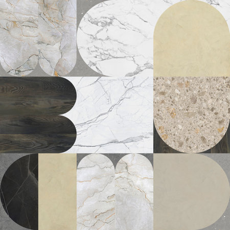 Creative patchwork pattern stone ceramic wallpaper design. White marbles mixed with stones, wood, concrete and arches decorations.の写真素材