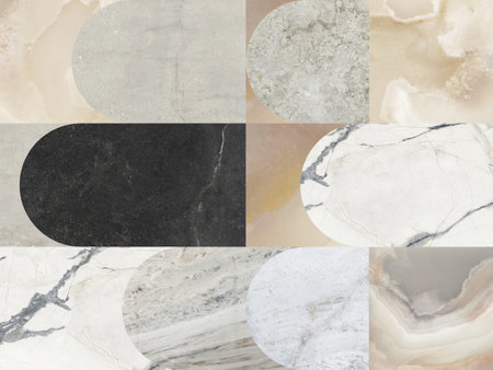 Creative patchwork pattern mixed of several marbles and stones, with arches and decoration for wallpaper, floor, wall, home and digital use.の写真素材