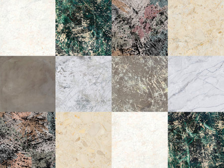 Creative patchwork pattern mixed of several marbles and stones, with arches and decoration for wallpaper, floor, wall, home and digital use.の写真素材