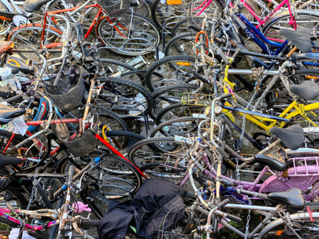 Bicycle parking on top of each other. Shelf rack for bicycles.