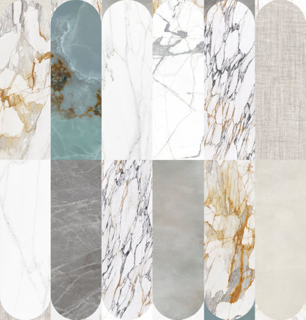 Creative patchwork pattern arches stone ceramic wallpaper design. white marbleの写真素材