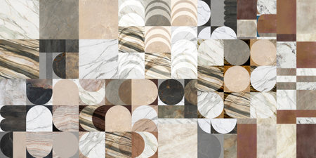 Background mixed of several marbles and stones for digital decoration. White marble, geometrics and arches.の写真素材