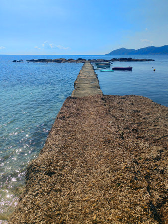 View of beach sunset. Terrace old wooden pattern background.の写真素材