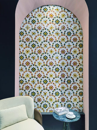 Detail of marble flowered tile mosaic for wall decoration or home interior design.