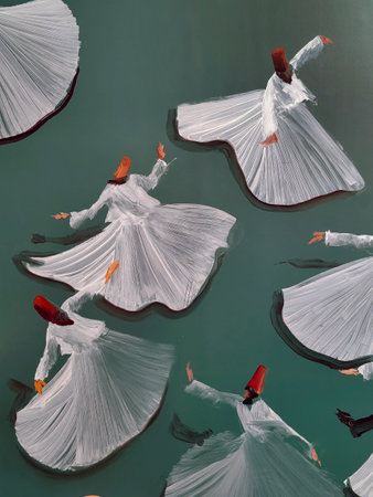 Wall painting of turkish dancing on a green backgroundの写真素材